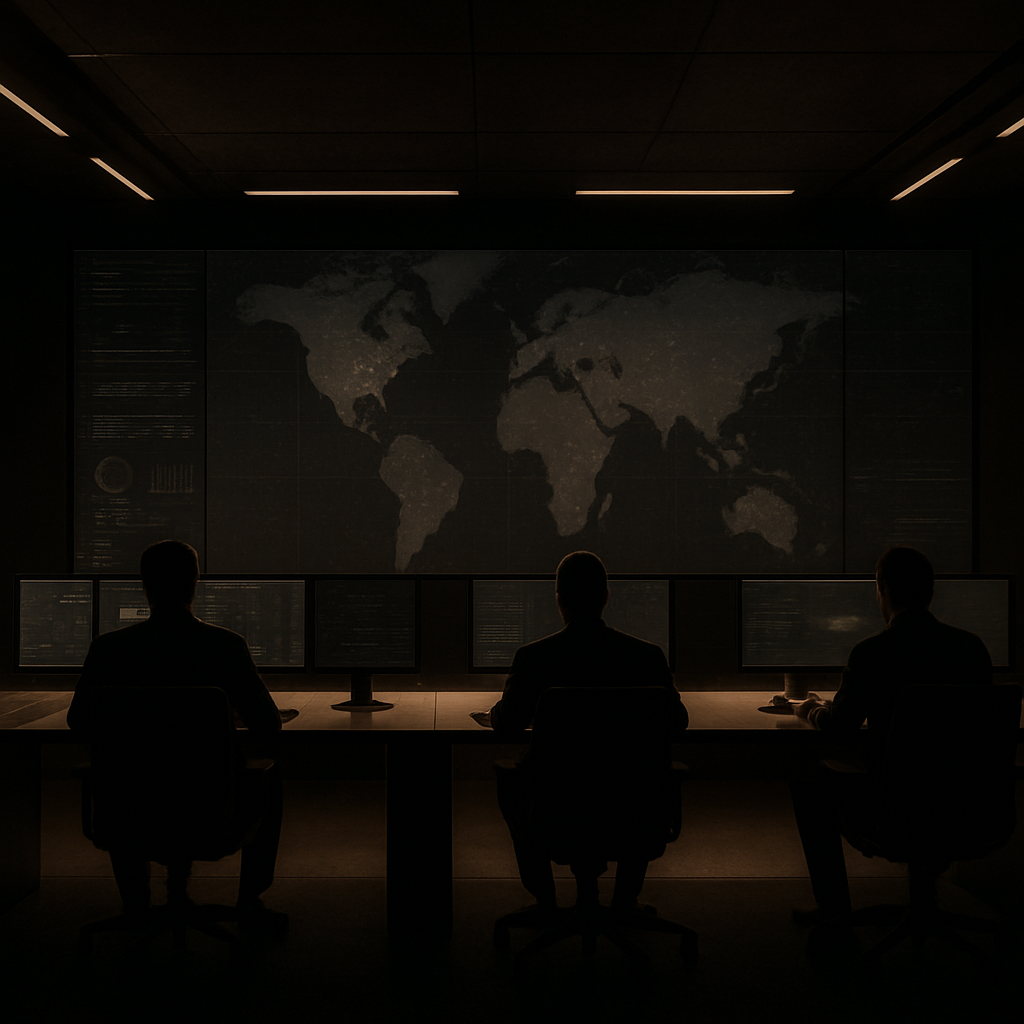 A calm, high-end global security operations center at night